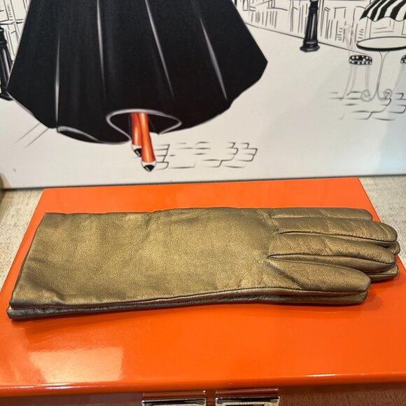Stylish Long Gold Metallic Italian Leather & Cashmere Lined Gloves Size 7 - Picture 1 of 5